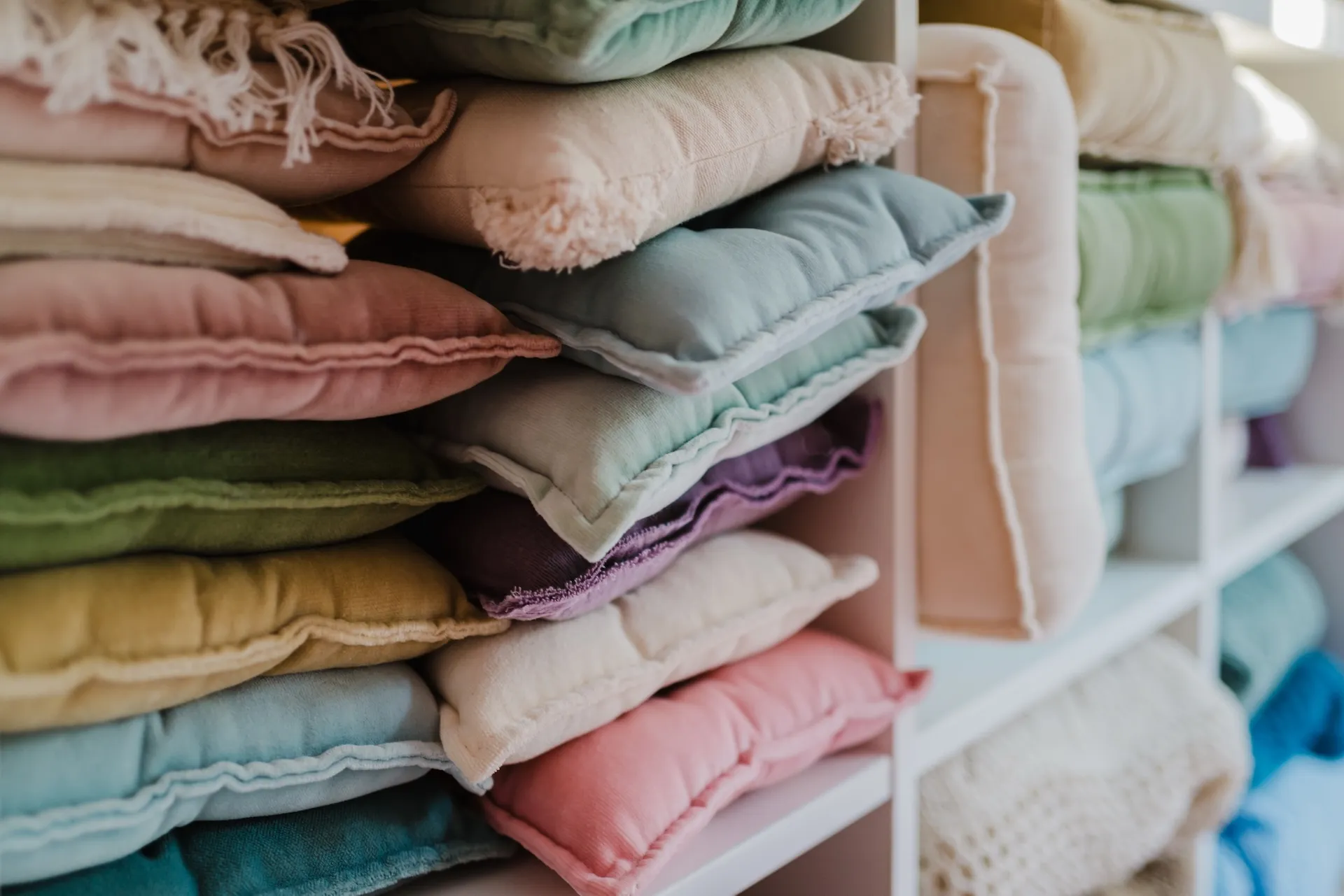 Newborn-Stoffe und Kissen in sanften Pastelltönen im Fotostudio Altdorf