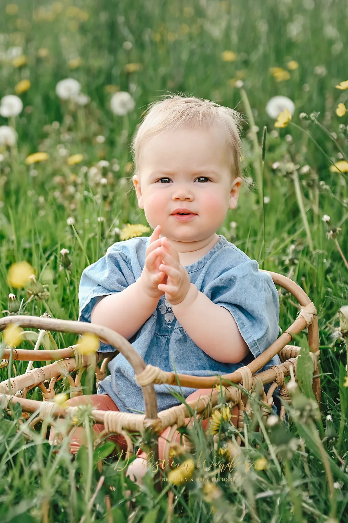 Kleinkind in Körbchen auf Wiese
