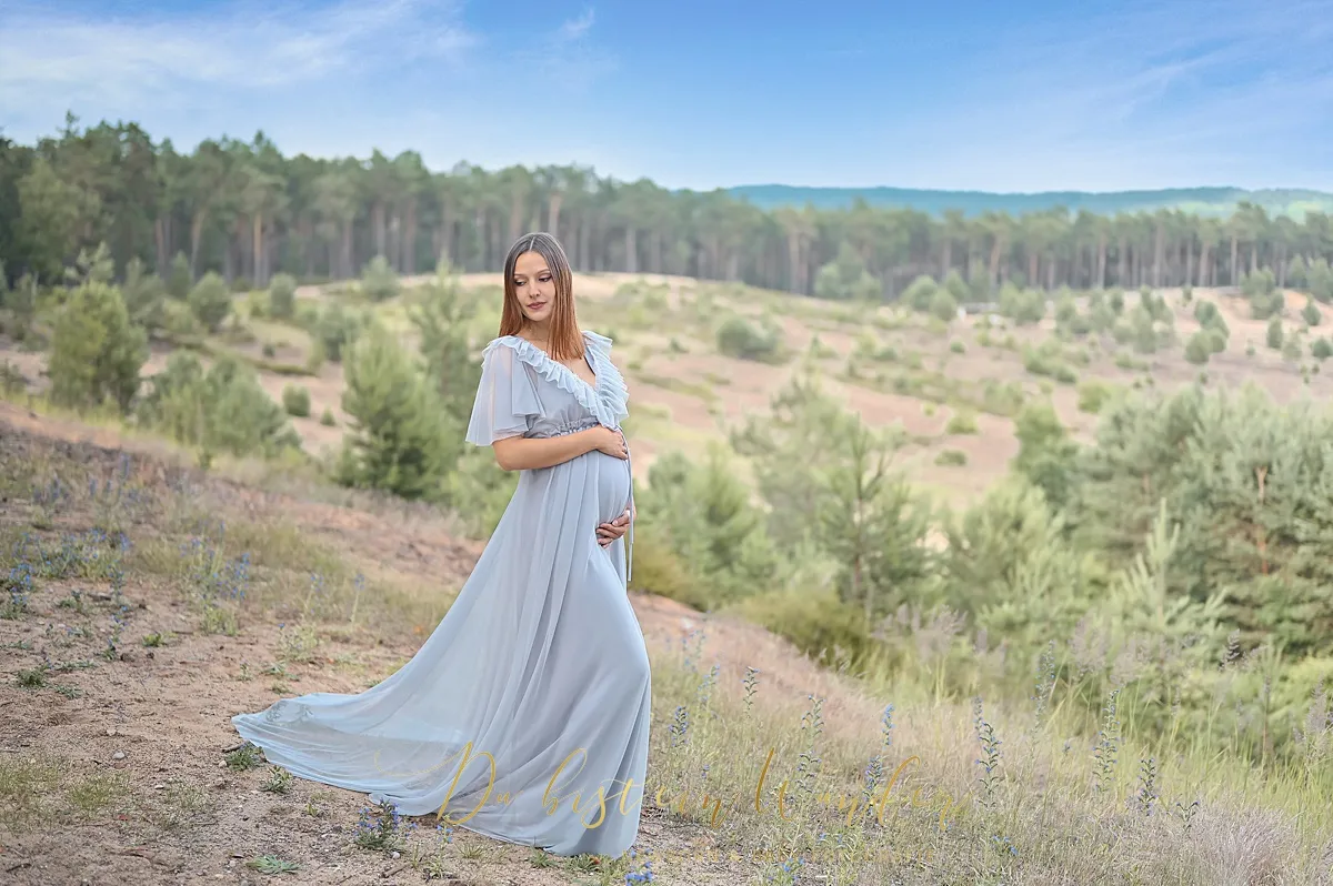 Schwangere Frau im hellblauen Kleid in der Heidelandschaft - Panoramaaufnahme