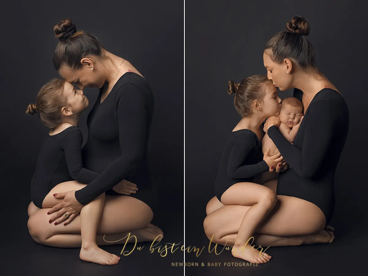 Mama-Tochter-Collage in Schwarz – vom Babybauch zum Geschwisterbild